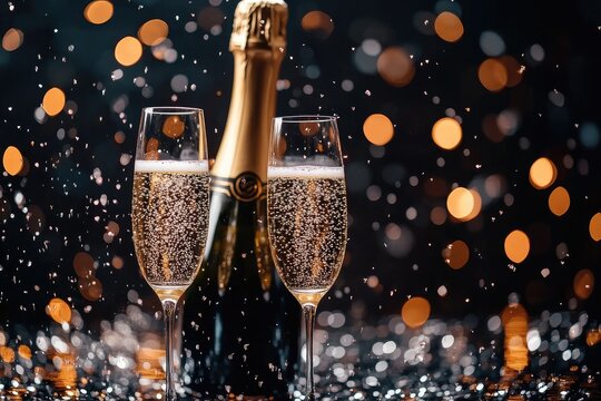 Champagne bottle with two flutes pouring sparkling wine on festive background