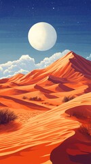 Footprints leading through sand dunes under big moon and starry sky