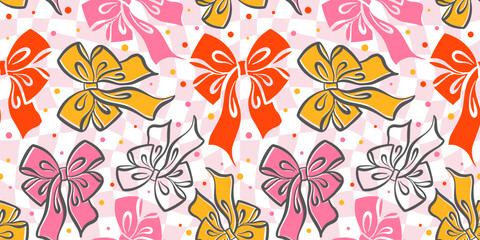 Ribbon bow seamless pattern. Cute vintage hair bowknots on checkered background. Girly trendy design with flirtatious accessories on Y2k chessboard for holiday and party decoration