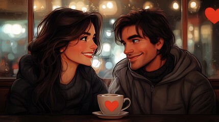Charming vector illustration of a couple enjoying a cup of coffee at a cafe perfect for romance and food branding