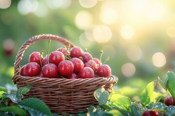 Freshly picked rainier cherries glistening with rain drops in a basket