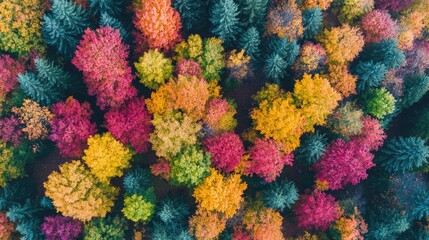 Vibrant colorful autumn forest canopy creating stunning abstract pattern