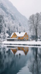 Fototapeta premium Wooden house reflecting on calm lake in snowy winter landscape