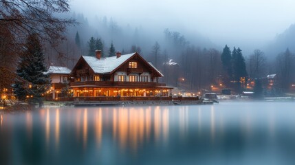 Fototapeta premium Charming Lakeside Chalet in a Misty Winter Wonderland