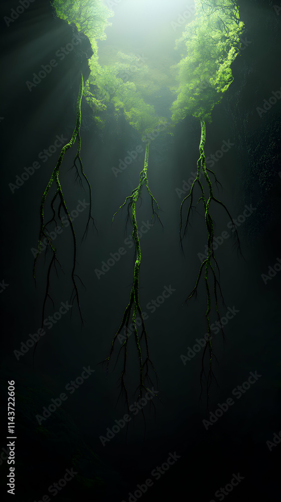 Poster sunbeams illuminating hanging roots covered in moss inside a dark cave create an eerie and mysteriou