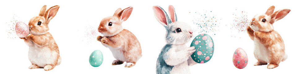 Obraz premium Cute Easter Bunnies Decorating Colorful Eggs in Floral Spring Setting