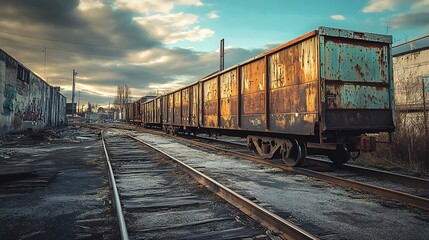 Fototapeta premium Rusty freight train on an abandoned railway. Concept of industrial decay and forgotten times.