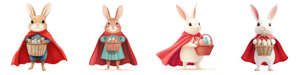 Obraz premium Cute Cartoon Rabbits in Red Capes Holding Easter Baskets