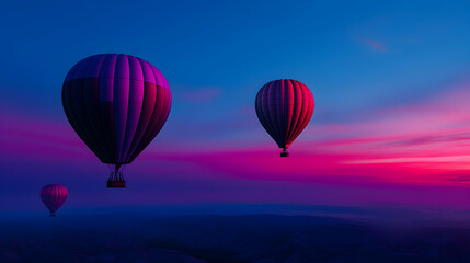Fototapeta premium Hot air balloons soaring across a vibrant sunset sky, creating a breathtaking travel experience