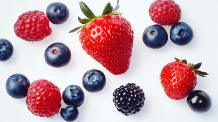 Fresh red strawberries and purple blueberries on a white background