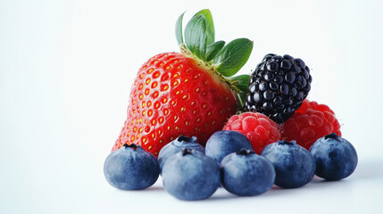 Obraz premium Fresh red strawberries and purple blueberries on a white background