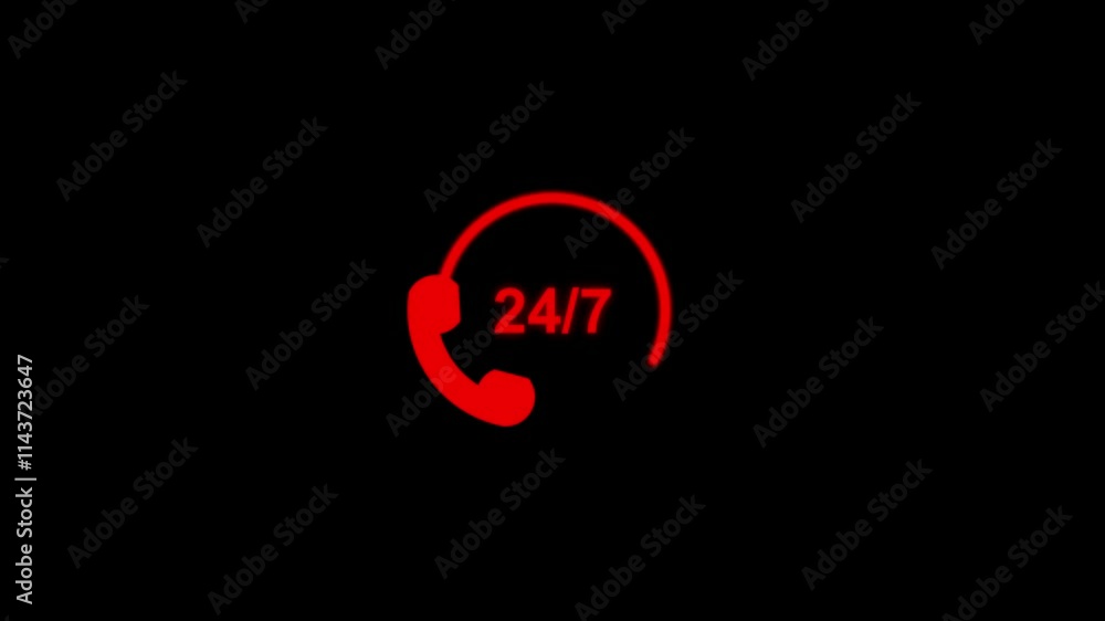 Poster 24 hours 7 days week numbers clock animation ,customer support animated icon. 24, 7 support icon in 