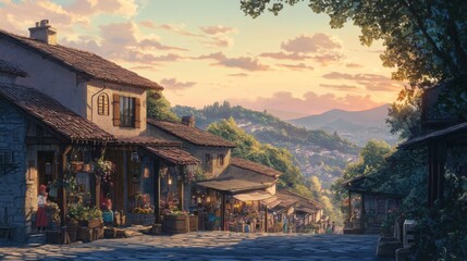 Obraz premium Charming hillside village at sunset, cobblestone street, shops, people, mountains.
