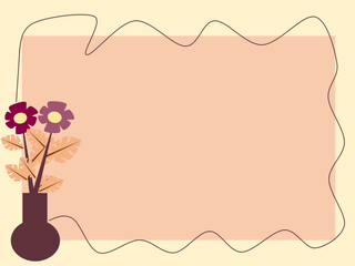 Abstract minimalist background with colorful flowers, wavy thin lines, and copy space.