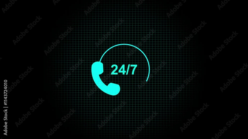 Poster 24 hours 7 days week numbers clock animation ,customer support animated icon. 24, 7 support icon in 