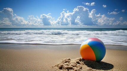 Obraz premium Vibrant beach balls rest on golden sand as waves crash during the day.