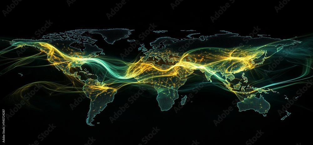 Poster abstract visualization of global data flow illustrated over a world map.