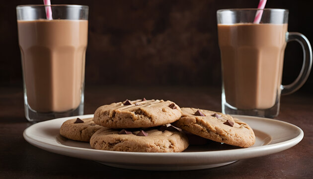 peanut butter chocolate chip cookies with glass of chocolate milk