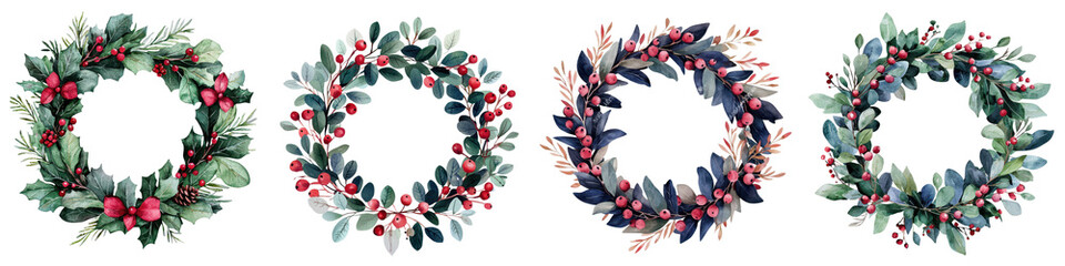 Naklejka premium Festive Botanical Wreaths with Holly Berries and Evergreens for Holiday and Winter Decor