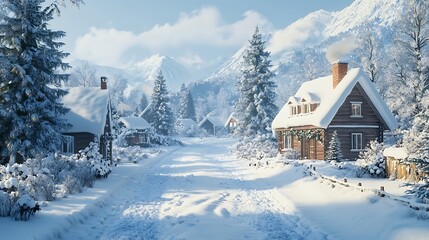 Naklejka premium Winter wonderland scene snowy village digital art tranquil aerial view