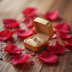 Engagement ring in gold box with rose petals on wooden table.