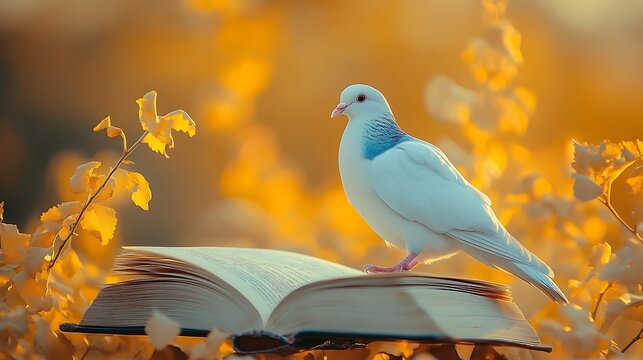 Pigeon on open book autumn leaves nature scene warm lighting