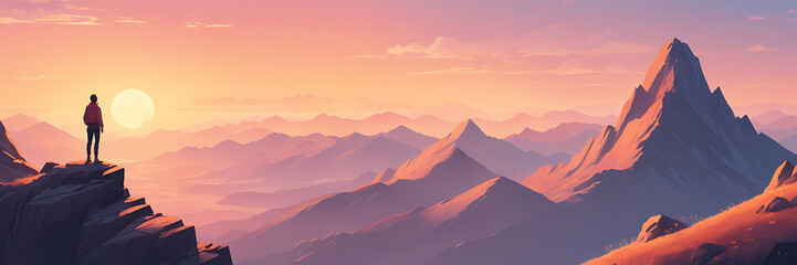 An illustrated scene of a person standing on a mountain peak, looking out over a vast landscape with a soft sunset glow, their posture exuding a sense of accomplishment, freedom, and inner peace.

