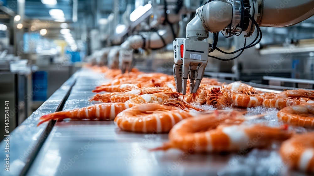 Poster automated processing of shrimp in a seafood factory.
