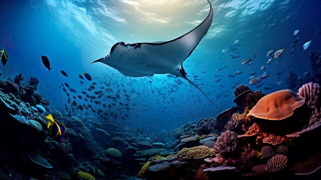 Diver observing reef manta ray Marine life underwater in blue ocean