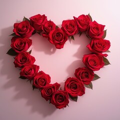  Heart-shaped red rose arrangement on pink background.