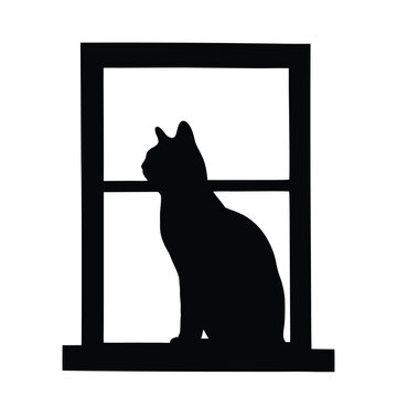 Cat sitting in a window black and white silhouette