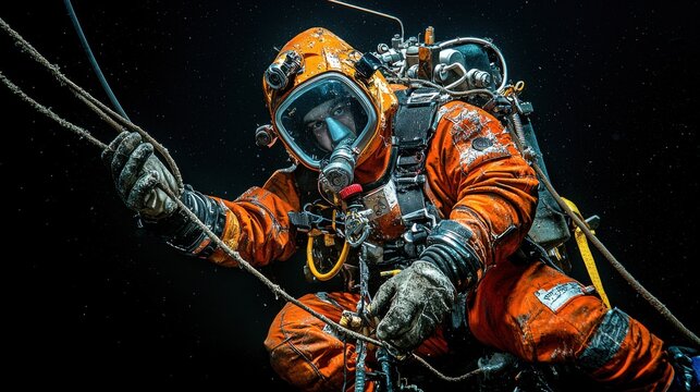 Underwater engineer in heavy-duty suit examining marine standards deep ocean technical analysis subaquatic environment professional perspective engineering concepts