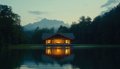 Tranquil Lakeside Cabin Retreat beneath Majestic Mountain Vista at Dusk