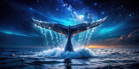 A whale's tail, glowing in the dark blue sea, creates an unforgettable night ocean wildlife photograph.