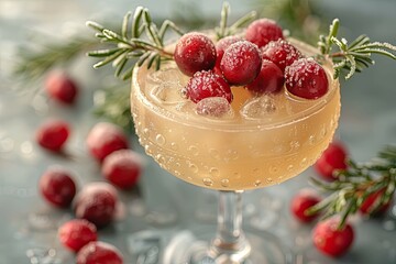 Cranberry and raspberry cocktail showcasing sparkling golden hue with fresh rosemary in a detailed food photography style