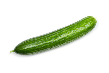 Smooth greenhouse cucumber on a white background. Fresh green cucumber close-up.