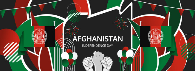 Afghanistan Independence Day greeting banner concept. August 19th is celebrated as Afghanistan National Day. Vibrant template with flag and raised fist, great for national holiday poster.