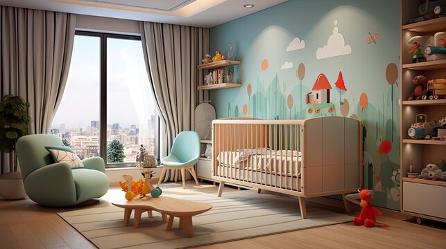 Kids room decorated with crib and rocking chair baby room interior decoration