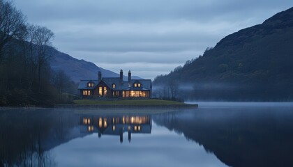 Fototapeta premium Secluded Lakeside Retreat Glowing in the Twilight Mist