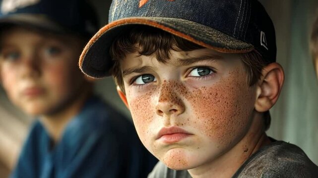 This image features a young boy lost in thought, showcasing the innocence of youth. The dugout setting adds a nostalgic sports feel. Perfect for representing childhood memories. Generative AI