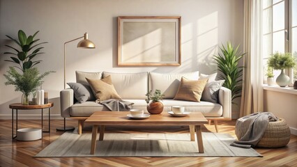 Sunlit minimalist living room: empty frame, light sofa, and simple wooden coffee table.