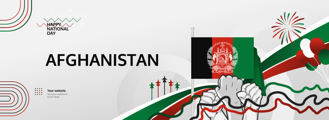 Afghanistan Independence Day greeting banner concept. August 19th is celebrated as Afghanistan National Day. Vibrant template with flag and raised fist, great for national holiday poster.