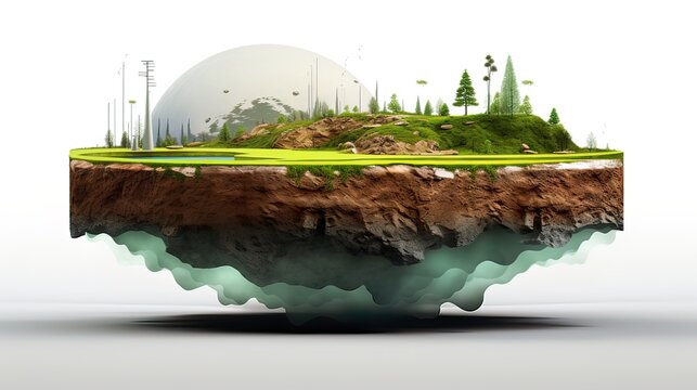 Earth land&nbsp;Soil layers 3D Illustration round soil ground cross&nbsp;section float landscape&nbsp;fantasy floating island