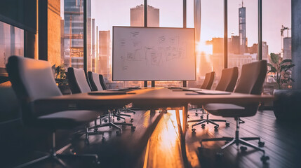 Corporate boardroom filled with serious executives discussing strategic plans. Focus on teamwork, decision-making, and corporate growth.