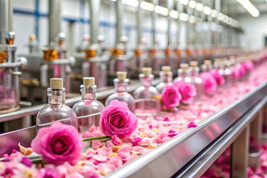 Rose fragrance perfume manufacturing in factory with fresh roses
