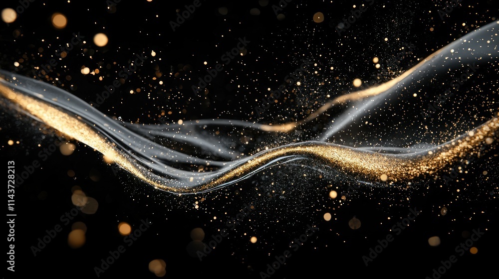 Poster abstract golden wave with sparkling particles on black.