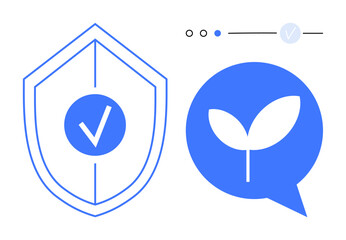 Shield with checkmark, chat bubble with plant, progress indicators. Ideal for cybersecurity, eco-friendly initiatives, trust, protection, technology progress updates and communications. Line