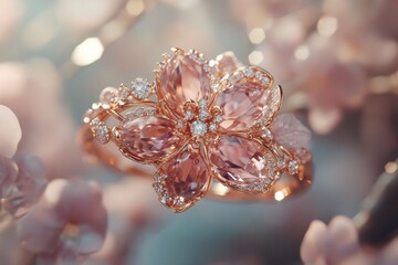 Delicate rose gold jewelry intricate floral design ring large pink gemstone diamond accents