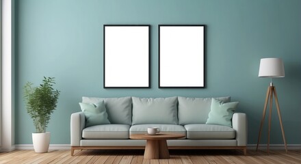 Modern living room interior design with sofa and frames