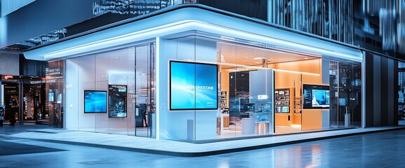 Modern tech store with large displays and sleek design, showcasing electronic products.